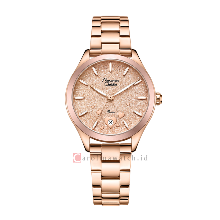 Jam Tangan Alexandre Christie Passion AC 2A93 LDBRGPN Dawn Women Light Pink Glitter Dial Rose Gold Stainless Steel Strap