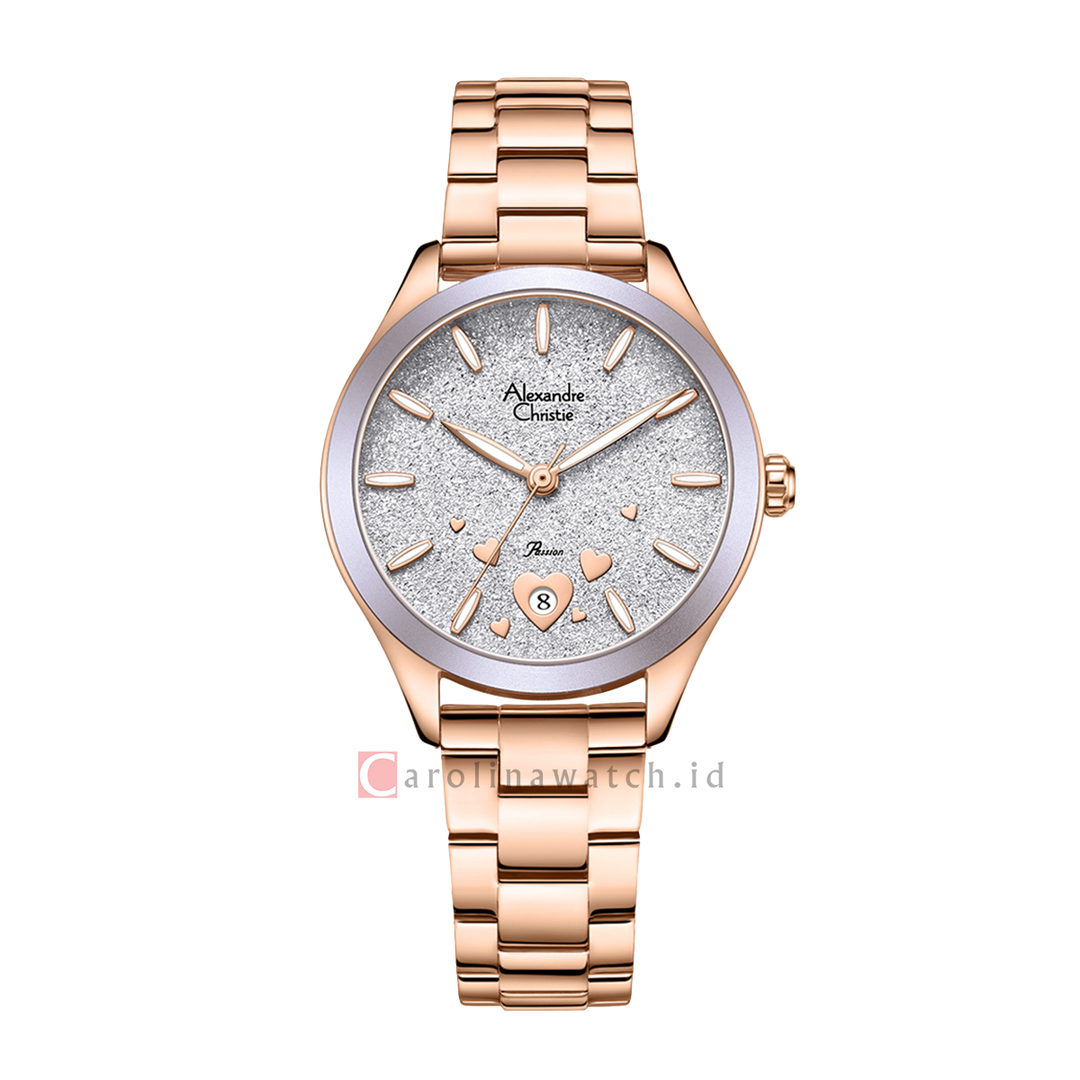 Jam Tangan Alexandre Christie Passion AC 2A93 LDBRGPU Dawn Women Light Purple Glitter Dial Rose Gold Stainless Steel Strap