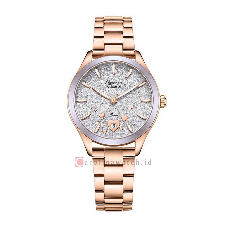 Jam Tangan Alexandre Christie Passion AC 2A93 LDBRGPU Dawn Women Light Purple Glitter Dial Rose Gold Stainless Steel Strap