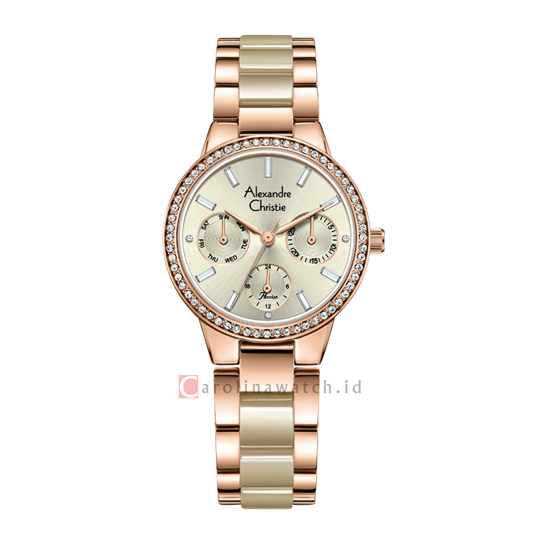 Jam Tangan Alexandre Christie Multifunction AC 2A94 BFBRGIV Women Ivory Dial Dual Tone Stainless Steel Acetate Strap