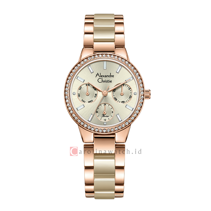 Jam Tangan Alexandre Christie Multifunction AC 2A94 BFBRGIV Women Ivory Dial Dual Tone Stainless Steel Acetate Strap