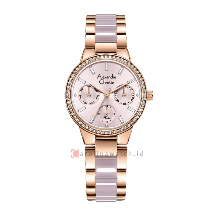 Jam Tangan Alexandre Christie Multifunction AC 2A94 BFBRGLK Women Light Pink Dial Dual Tone Stainless Steel Acetate Strap