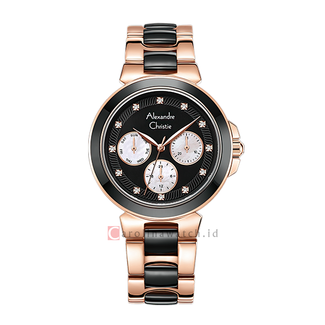 Jam Tangan Alexandre Christie Multifunction AC 2B02 BFBRGBA Women Black Dial Dual Tone St. Steel With Ceramic Strap