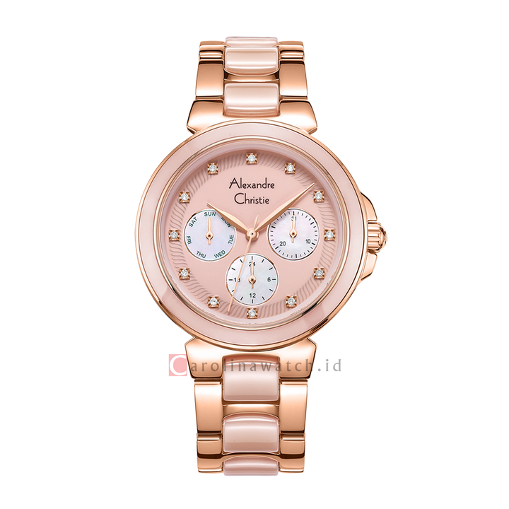 Jam Tangan Alexandre Christie Multifunction AC 2B02 BFBRGIV Women Pink Dial Dual Tone Stainless Steel With Ceramic Strap