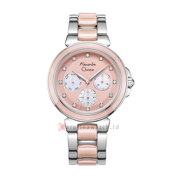 jam Tangan Alexandre Christie Multifunction AC 2B02 BFBSSIV Women Pink Dial Dual Tone Stainless Steel With Ceramic Strap