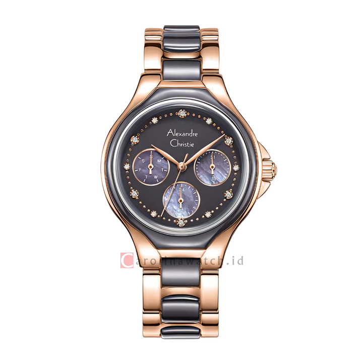 Jam Tangan Alexandre Christie Fashion AC 2B03 BFBRGGR Women Black MOP Dial Dual Tone Stainless Steel with Ceramic Strap