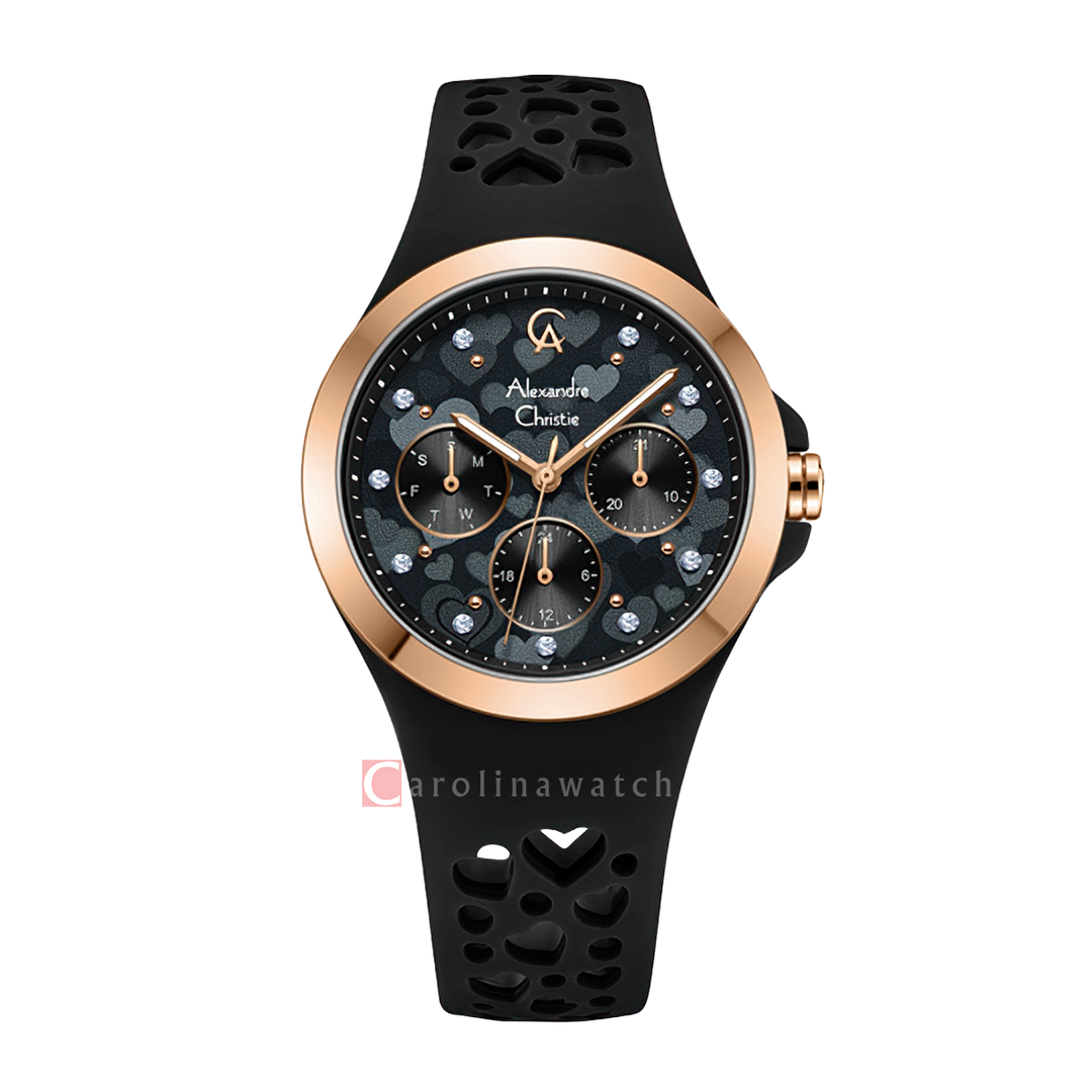 Jam Tangan Alexandre Christie Multifunction Love Series AC 2B04 BFRRGBA Women Black Pattern Dial Black Rubber Strap