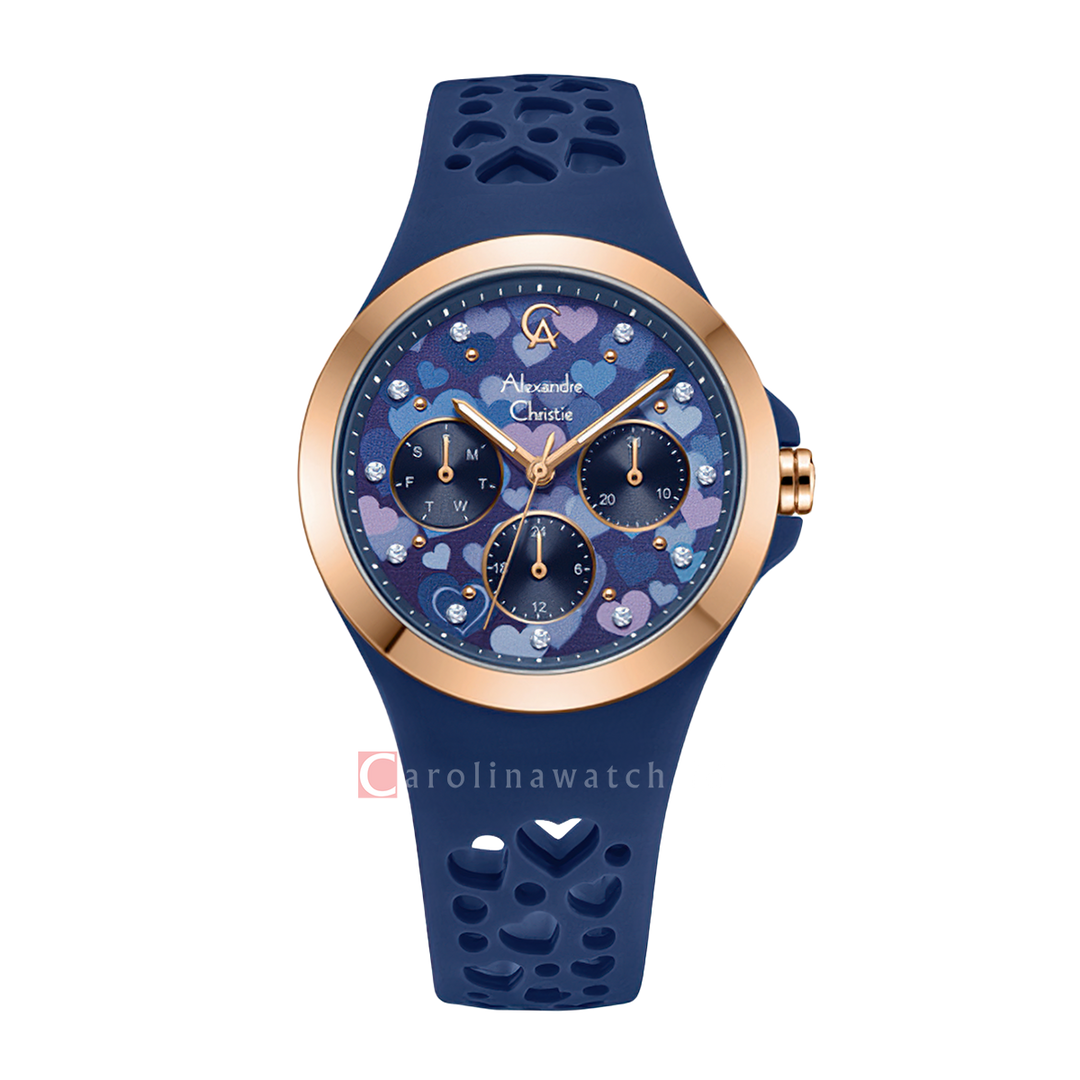 Jam Tangan Alexandre Christie Multifunction Love Series AC 2B04 BFRRGPN Women Blue Pattern Dial Blur Rubber Strap