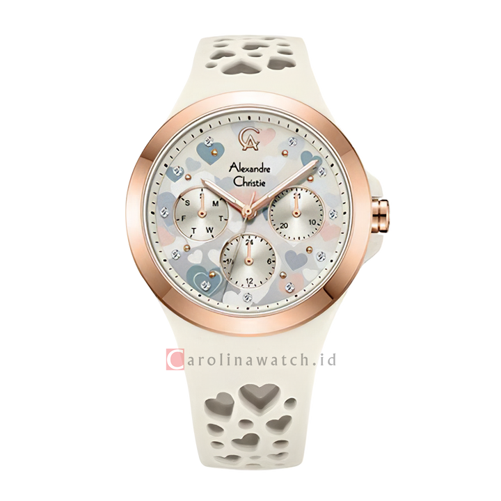 Jam Tangan Alexandre Christie Multifunction Love Series AC 2B04 BFRRGIV Women Beige Pattern Dial Beige Rubber Strap