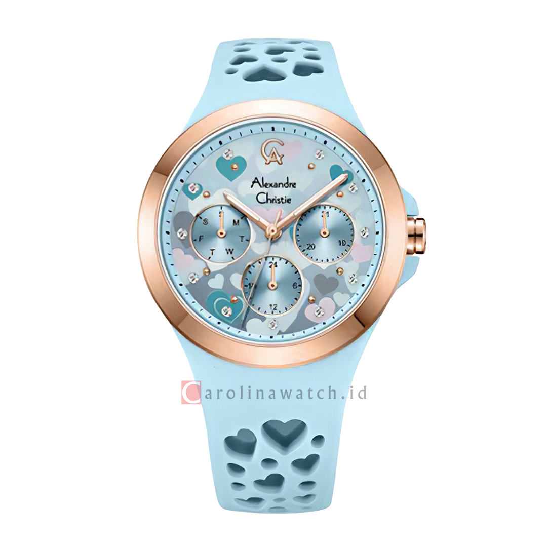 Jam Tangan Alexandre Christie Multifunction Love Series AC 2B04 BFRRGLB Women Light Blue Pattern Dial Light Blue Rubber Strap