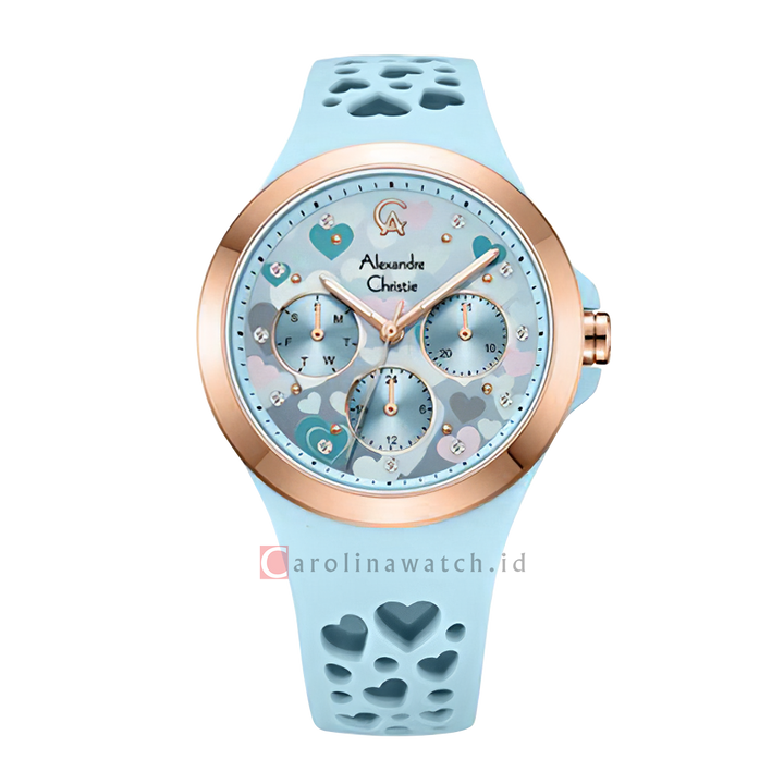 Jam Tangan Alexandre Christie Multifunction Love Series AC 2B04 BFRRGLB Women Light Blue Pattern Dial Light Blue Rubber Strap