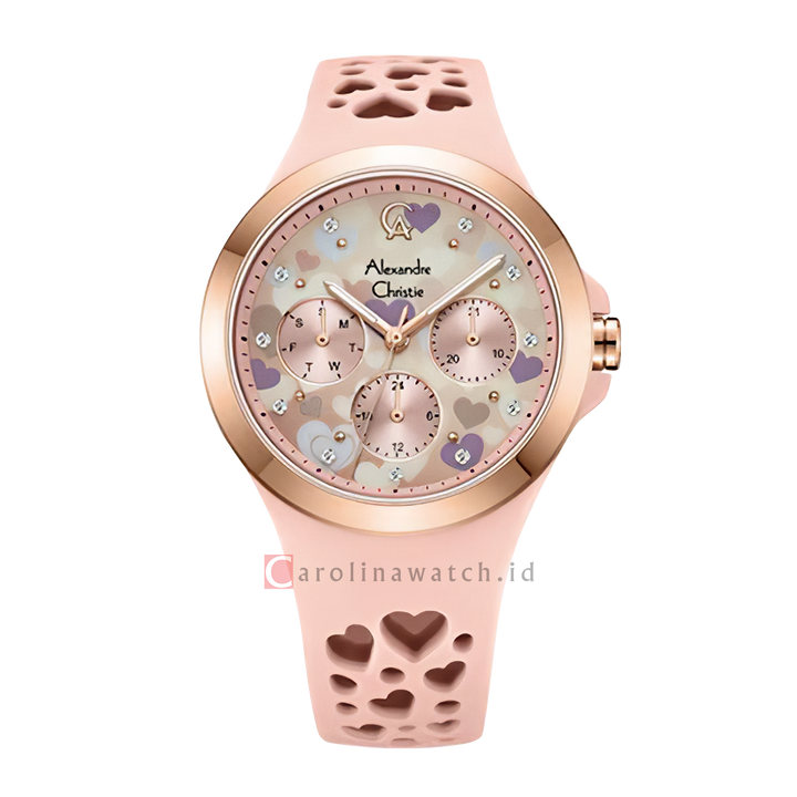 Jam Tangan Alexandre Christie Multifunction Love Series AC 2B04 BFRRGPN Women Light Pink Pattern Dial Pink Rubber Strap