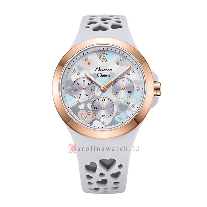 Jam Tangan Alexandre Christie Multifunction Love Series AC 2B04 BFRRGPU Women Light Purple Pattern Dial Light Purple Rubber Strap