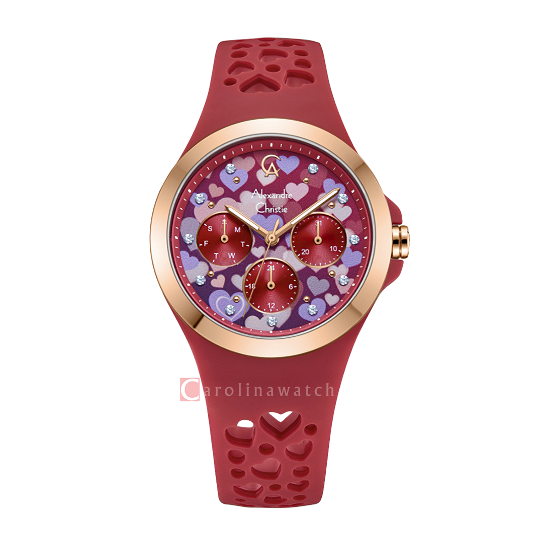 Jam Tangan Alexandre Christie Multifunction Love Series AC 2B04 BFRRGRE Women Red Pattern Dial Red Rubber Strap