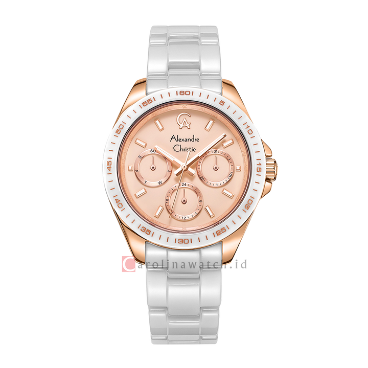 Jam Tangan Alexandre Christie Classic AC 2B08 BFBRGLNSL Women Rose Gold Dial Light Grey Ceramic Strap