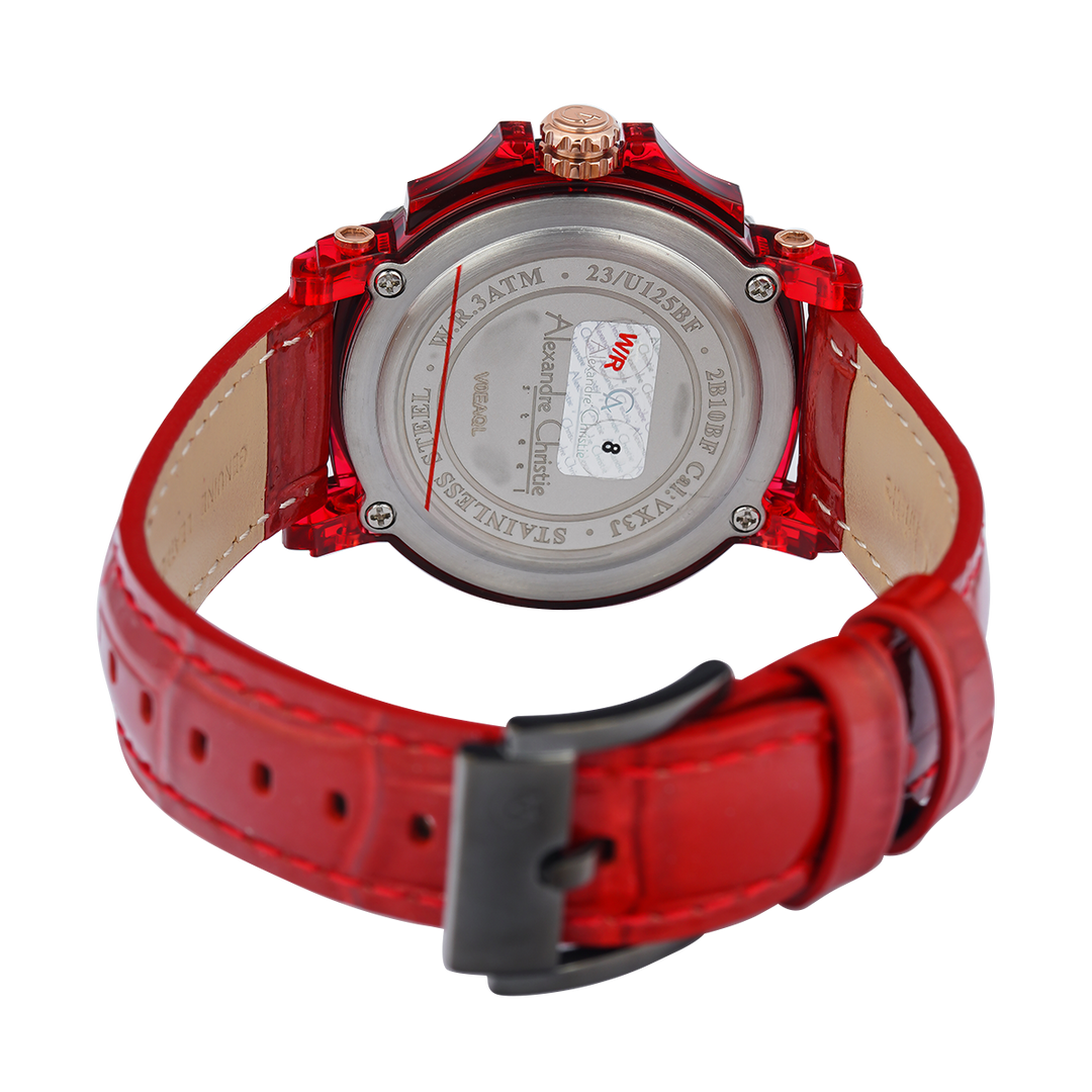 Jam Tangan Alexandre Christie Multifunction AC 2B10 BFLGRRE Women Red Patterned Dial Red Leather Strap