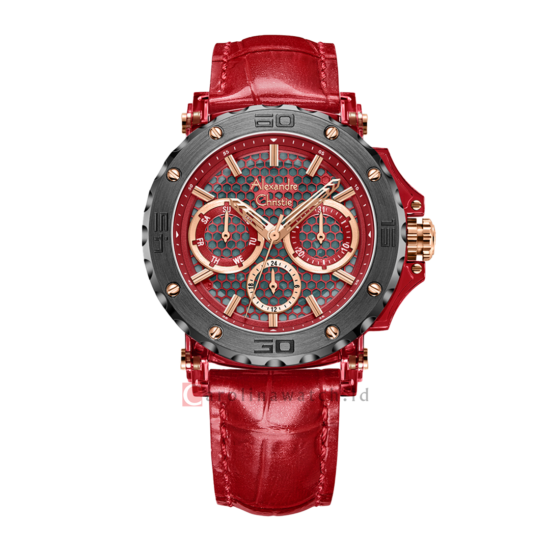 Jam Tangan Alexandre Christie Multifunction AC 2B10 BFLGRRE Women Red Patterned Dial Red Leather Strap