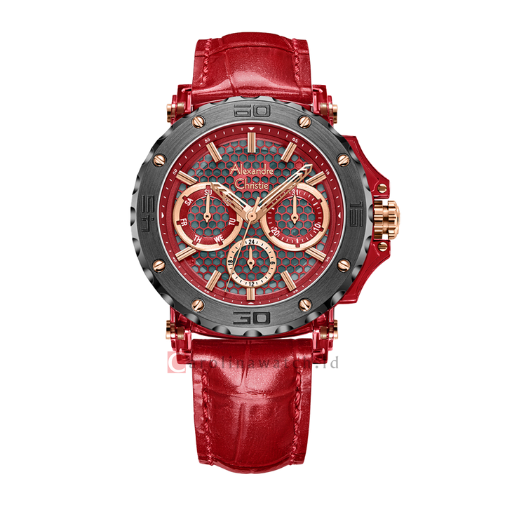 Jam Tangan Alexandre Christie Multifunction AC 2B10 BFLGRRE Women Red Patterned Dial Red Leather Strap