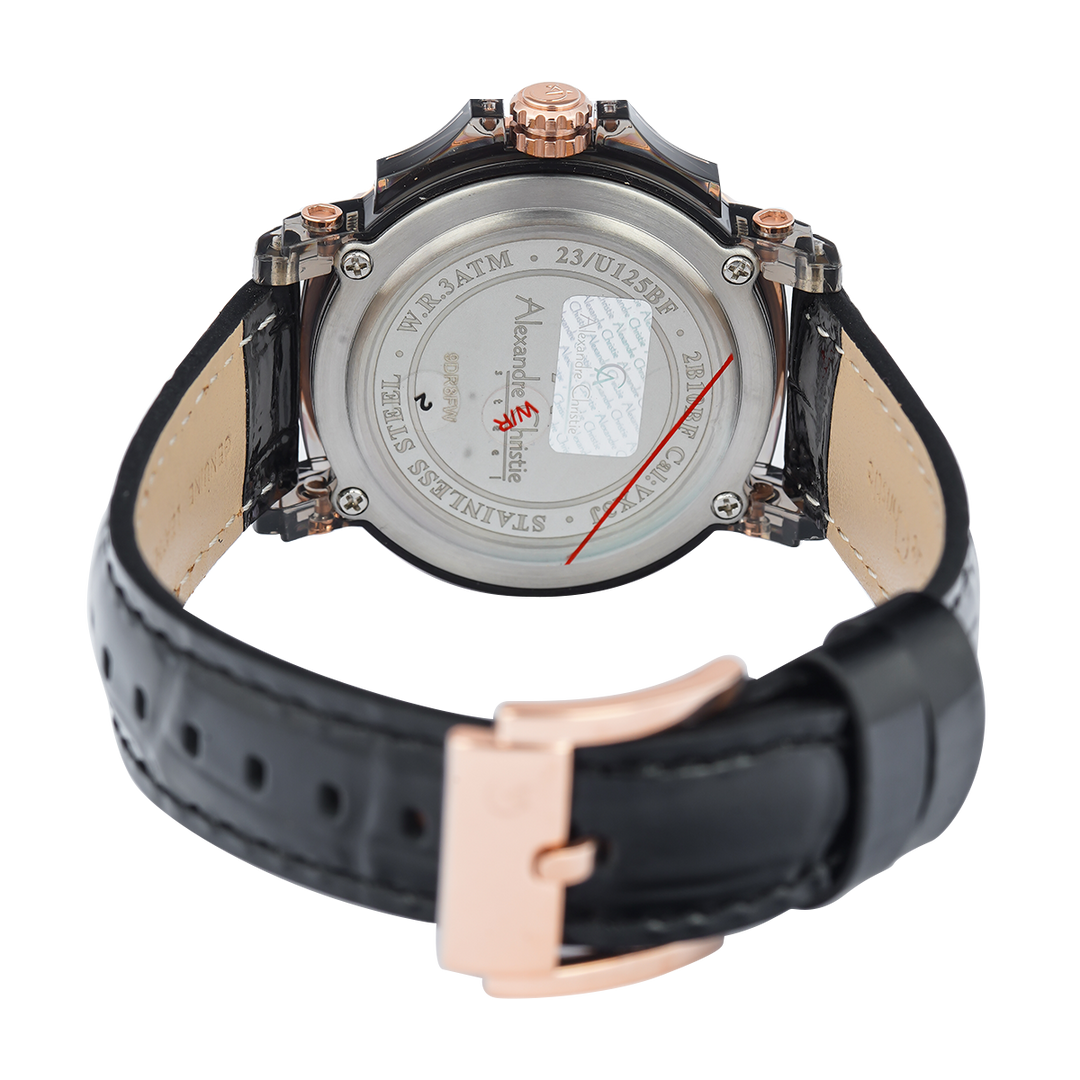 Jam Tangan Alexandre Christie Multifunction AC 2B10 BFLRGBA Women Black Patterned Dial Black Leather Strap