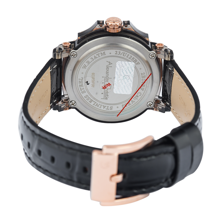 Jam Tangan Alexandre Christie Multifunction AC 2B10 BFLRGBA Women Black Patterned Dial Black Leather Strap