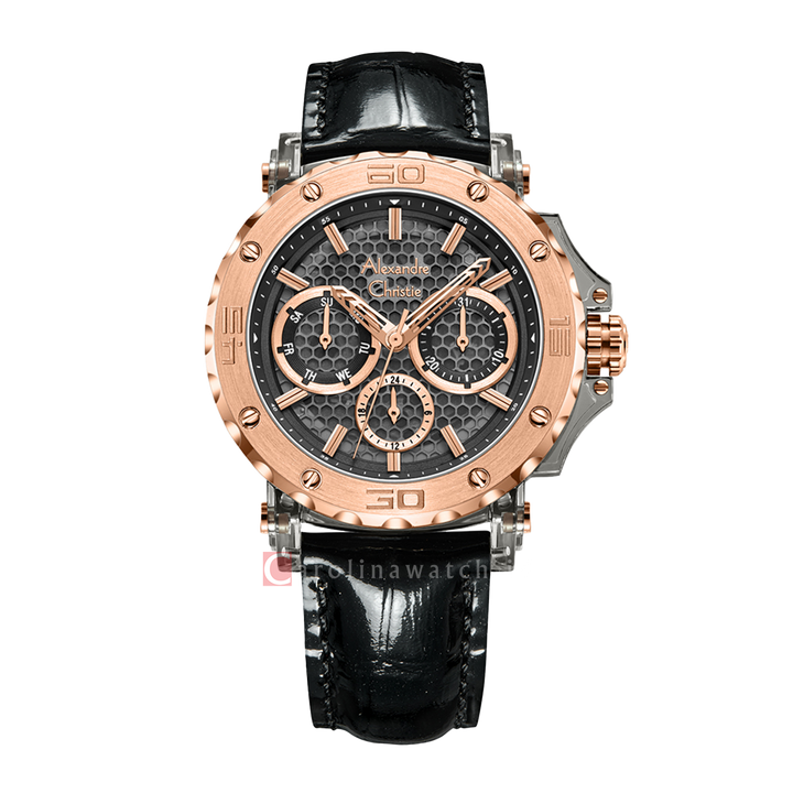 Jam Tangan Alexandre Christie Multifunction AC 2B10 BFLRGBA Women Black Patterned Dial Black Leather Strap