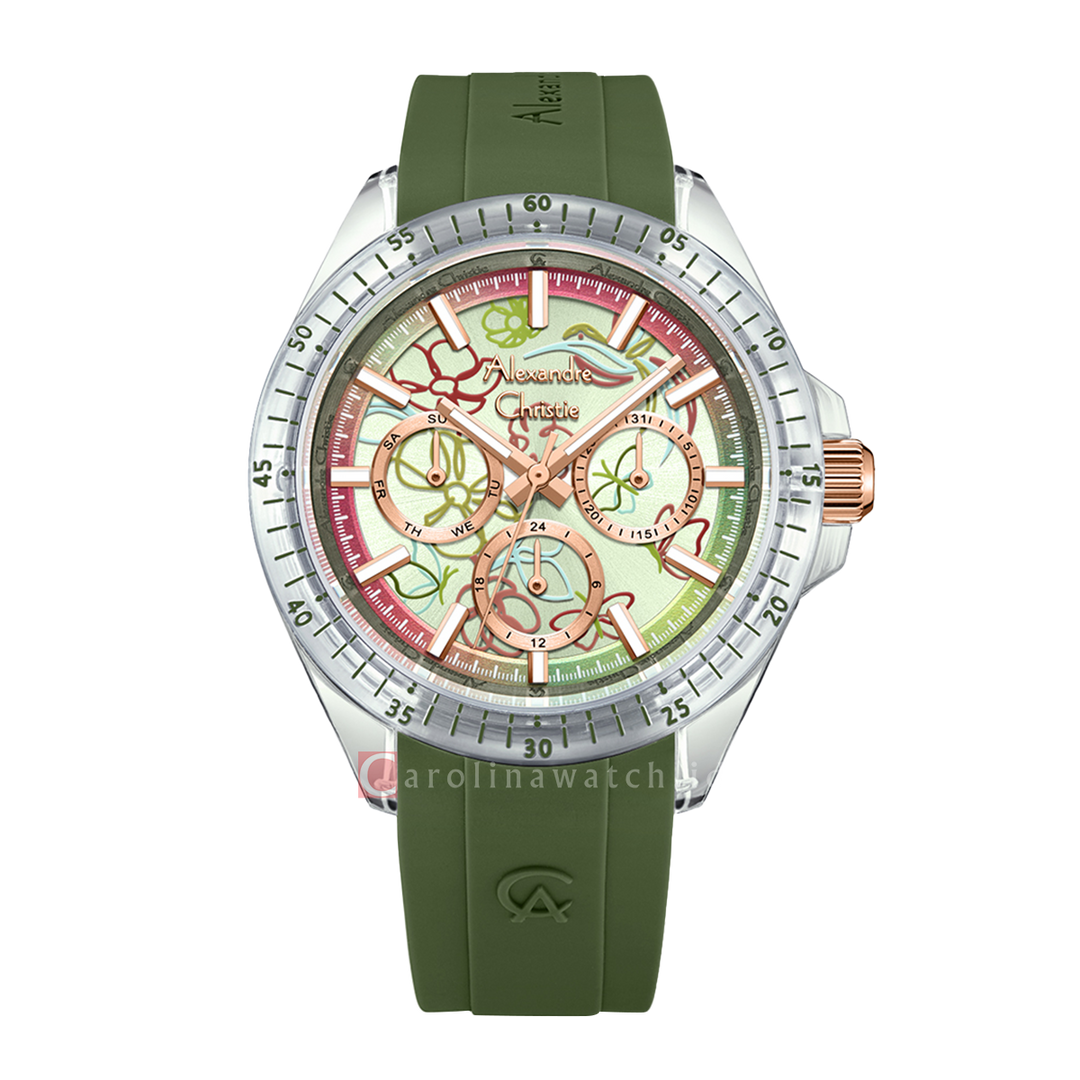 Jam Tangan Alexandre Christie Multifunction AC 2B11 BFRRGSLGN Women Pattern Dial Green Rubber Strap