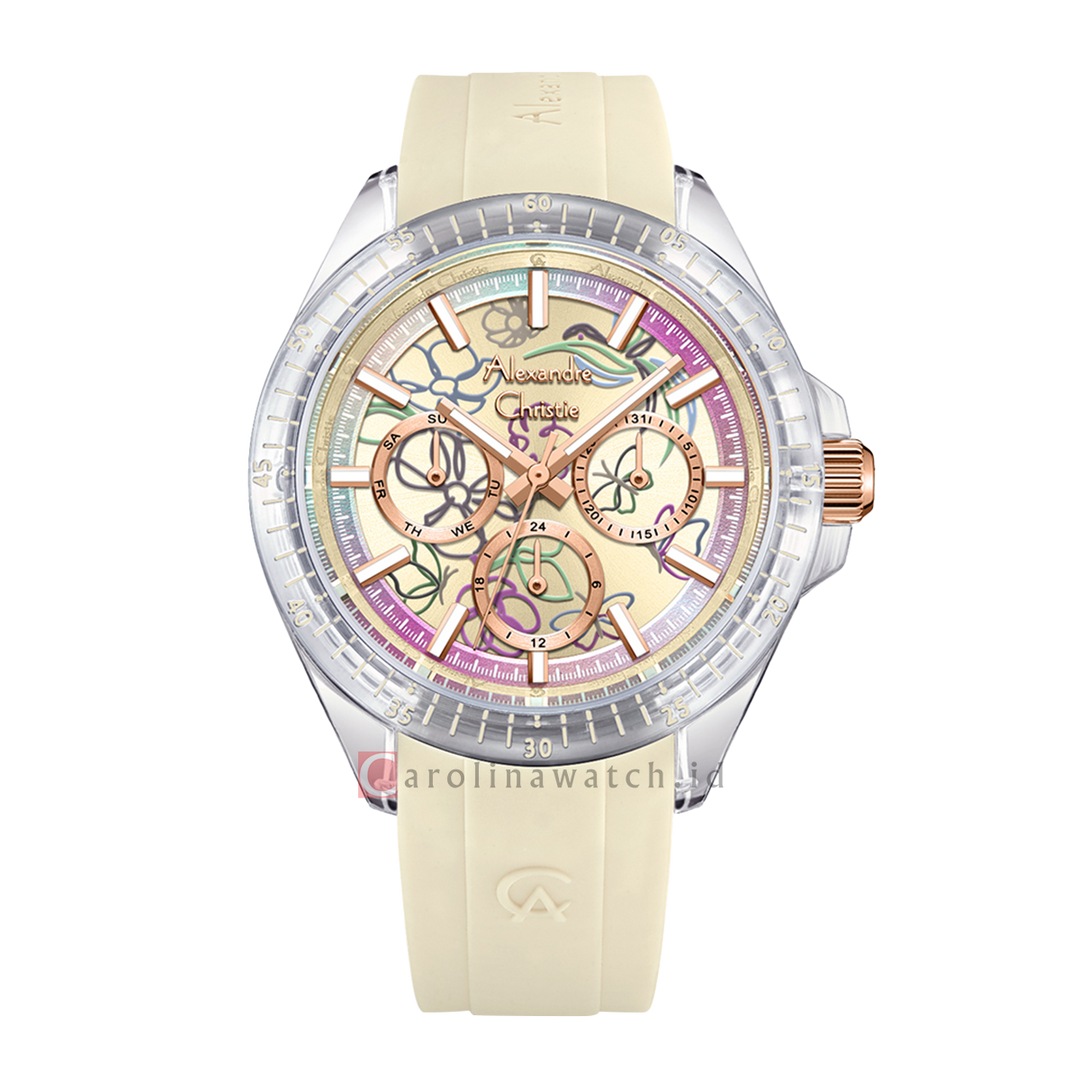 Jam Tangan Alexandre Christie Multifunction AC 2B11 BFRRGSLIV Women Pattern Dial Ivory Rubber Strap