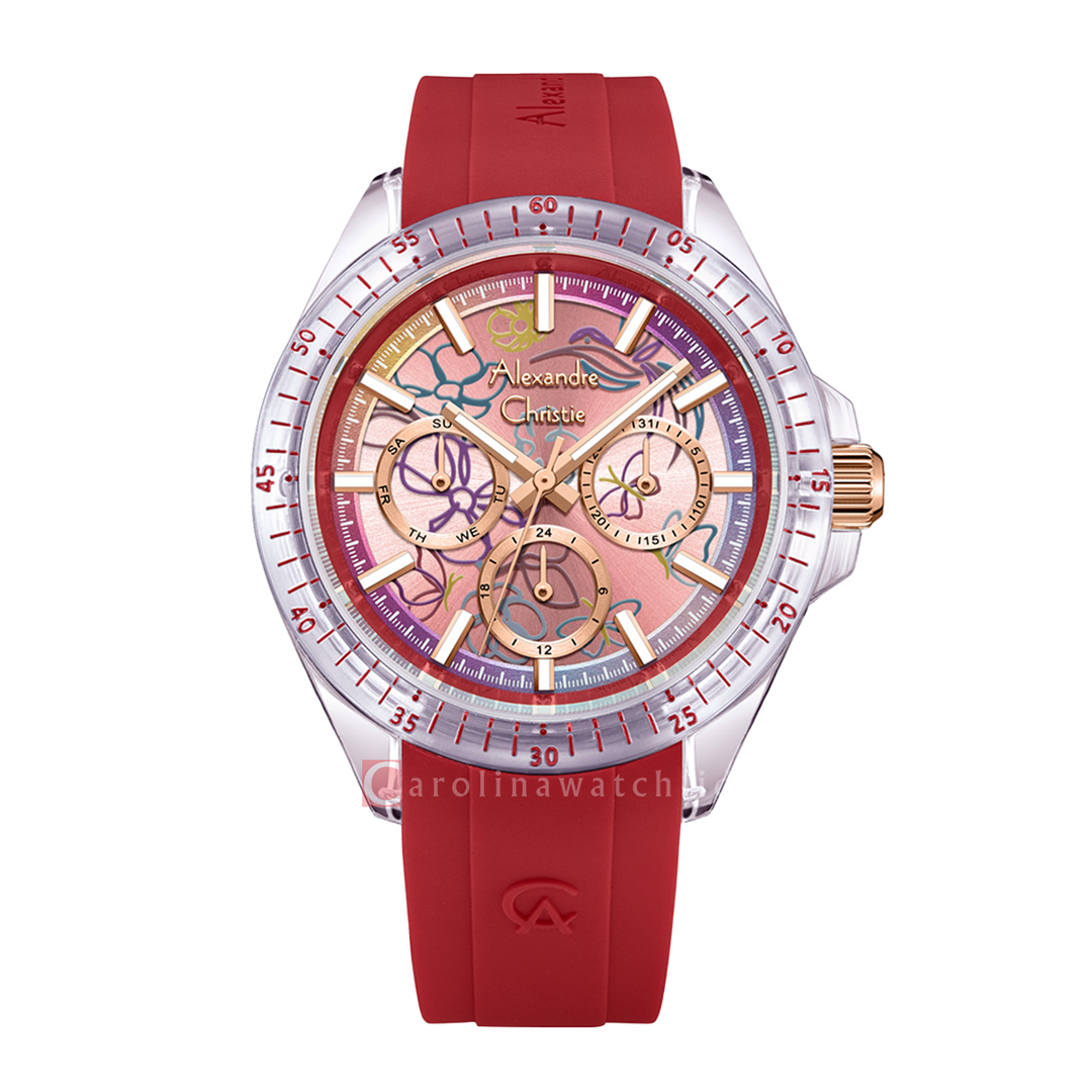 Jam Tangan Alexandre Christie Multifunction AC 2B11 BFRRGSLRE Women Pattern Dial Red Rubber Strap