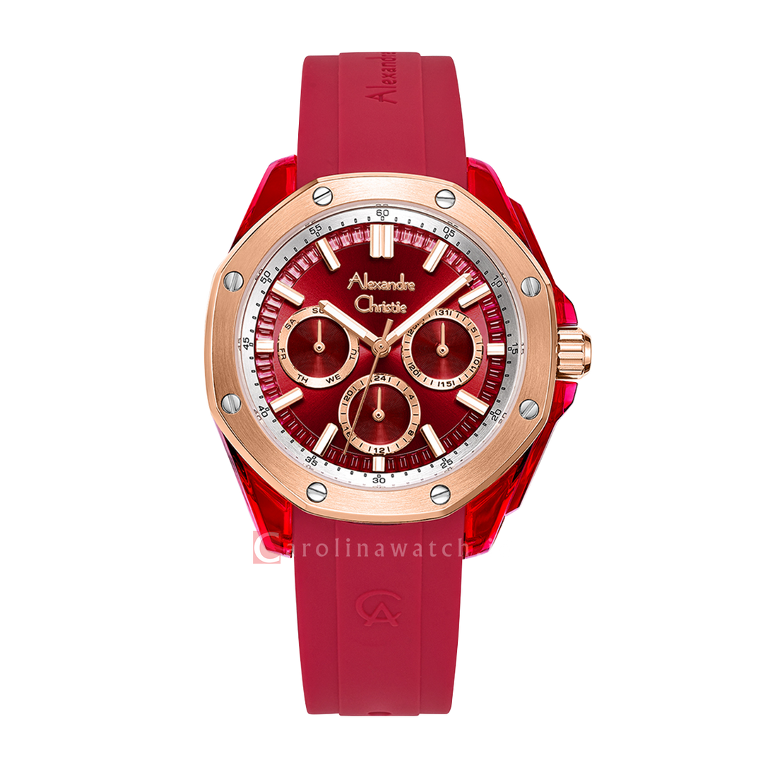 Jam Tangan Alexandre Christie Multifunction AC 2B12 BFRTRRESL Women Red Dial Red Rubber Strap