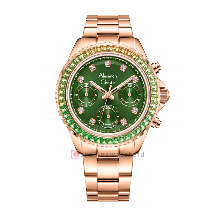 Jam Tangan Alexandre Christie Chronograph AC 2B13 BFBRGGN Women Green Dial Rose Gold Stainless Steel Strap