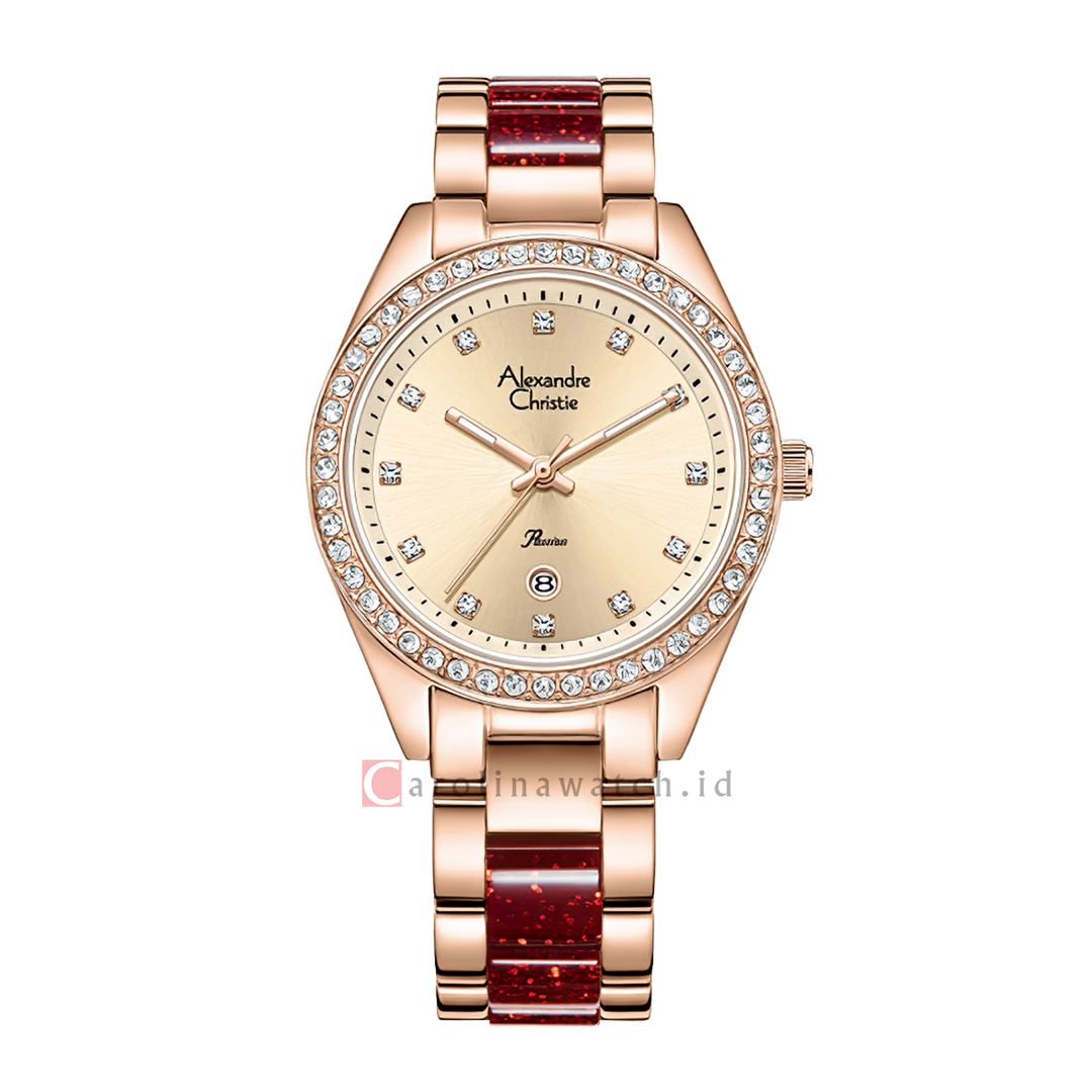 Jam Tangan Alexandre Christie AC 2B14 LDBRGLNRE Women Gold Dial Dual Tone Stainless Steel Strap