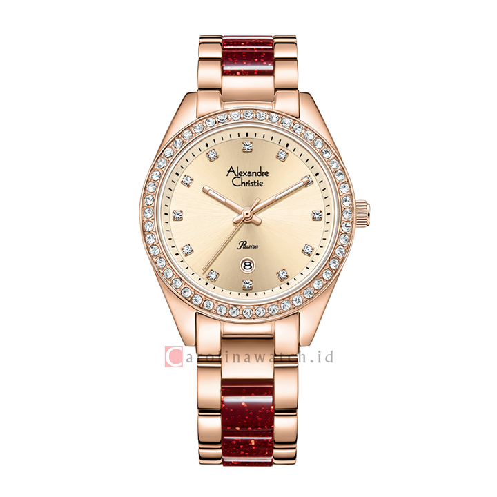 Jam Tangan Alexandre Christie AC 2B14 LDBRGLNRE Women Gold Dial Dual Tone Stainless Steel Strap