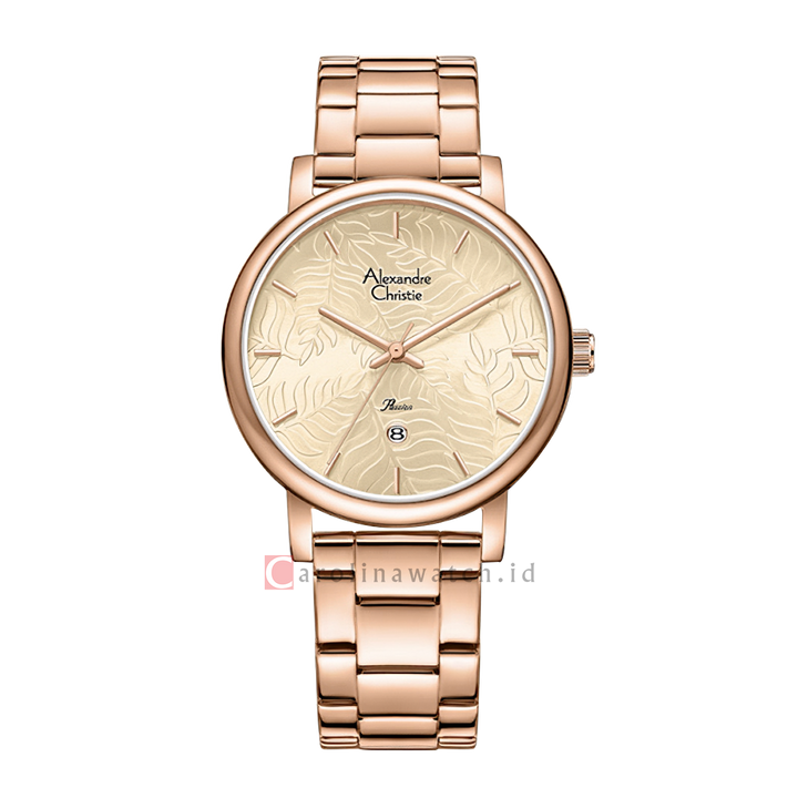 Jam Tangan Alexandre Christie AC 2B15 LDBRGLN Women Gold Patterned Dial Rose Gold Stainless Steel Strap