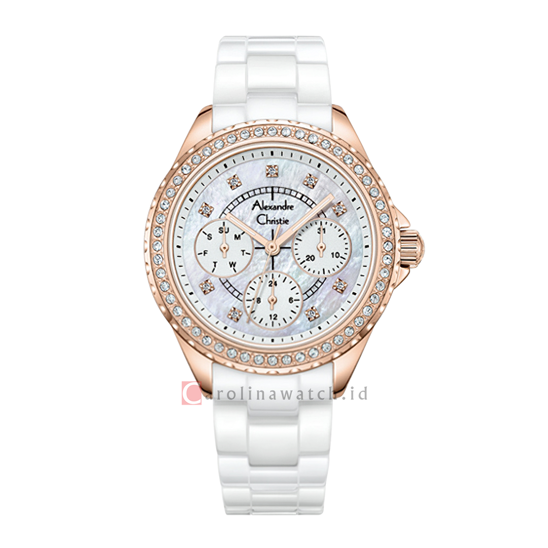 Jam Tangan Alexandre Christie AC 2B16 BFBRGMS Women White Pattern Dial White Stainless Steel Strap