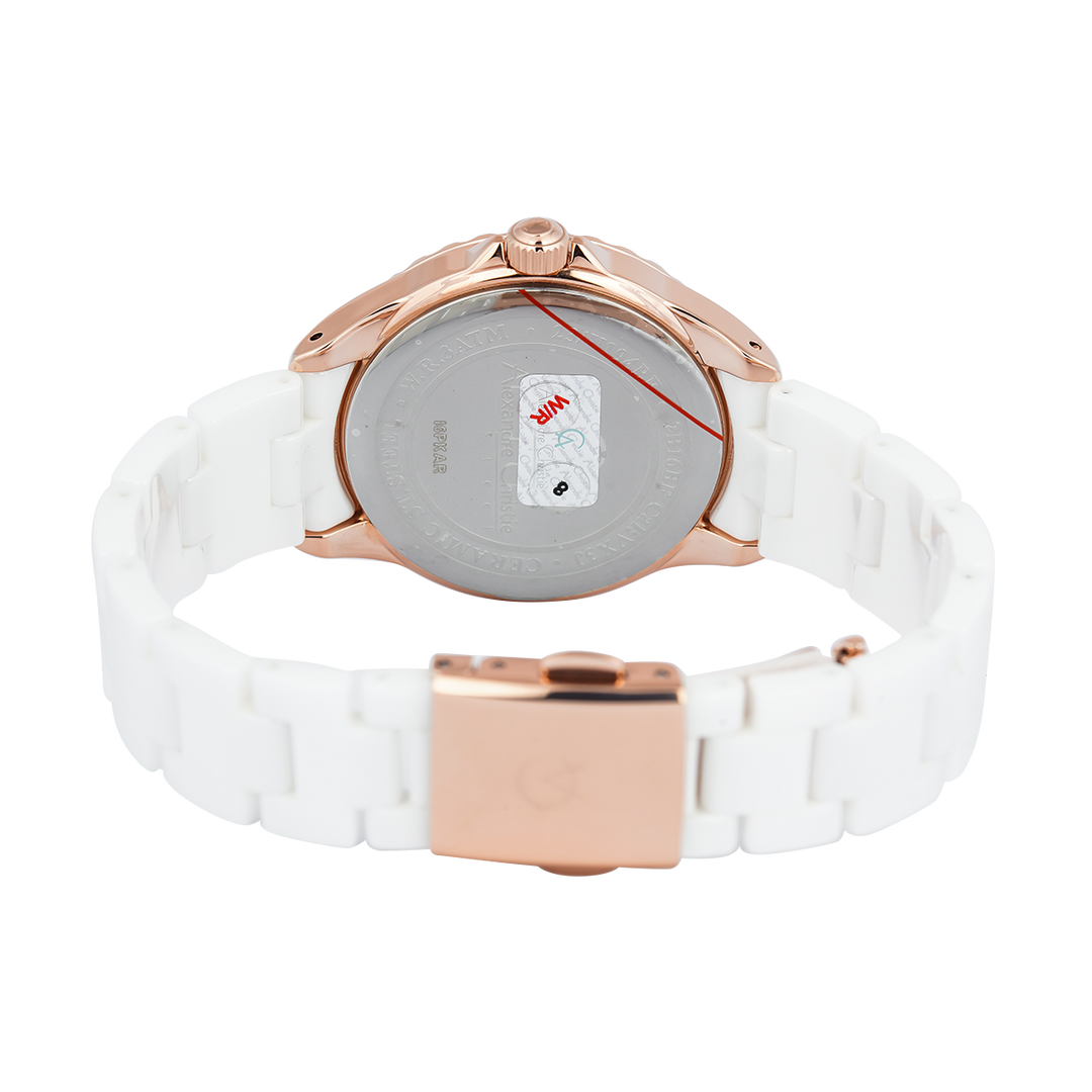 Jam Tangan Alexandre Christie AC 2B16 BFBRGMS Women White Pattern Dial White Stainless Steel Strap