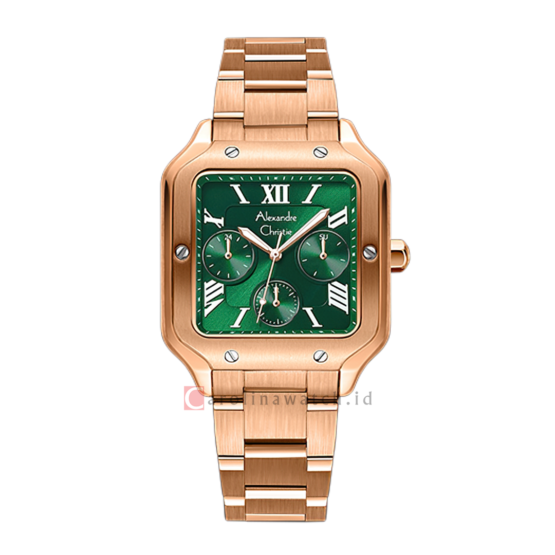 Jam Tangan Alexandre Christie Multifunction AC 2B18 BFBRGGNSL Women Green Dial Rose Gold Stainless Steel Strap