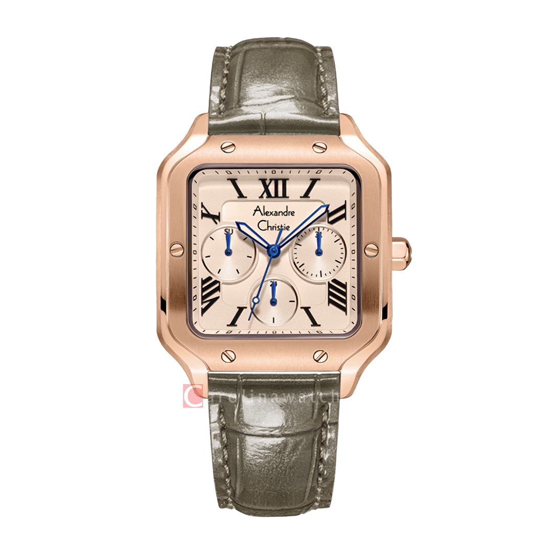 Jam Tangan Alexandre Christie Multifunction AC 2B18 BFLRGLNBO Women Rose Gold Dial Brown Leather Strap