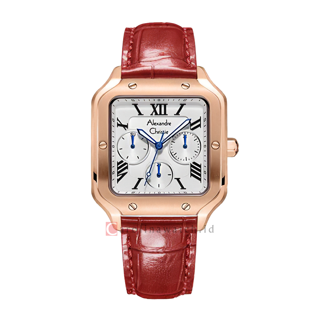 Jam Tangan Alexandre Christie Multifunction AC 2B18 BFLRGSLRE Women White Dial Red Leather Strap