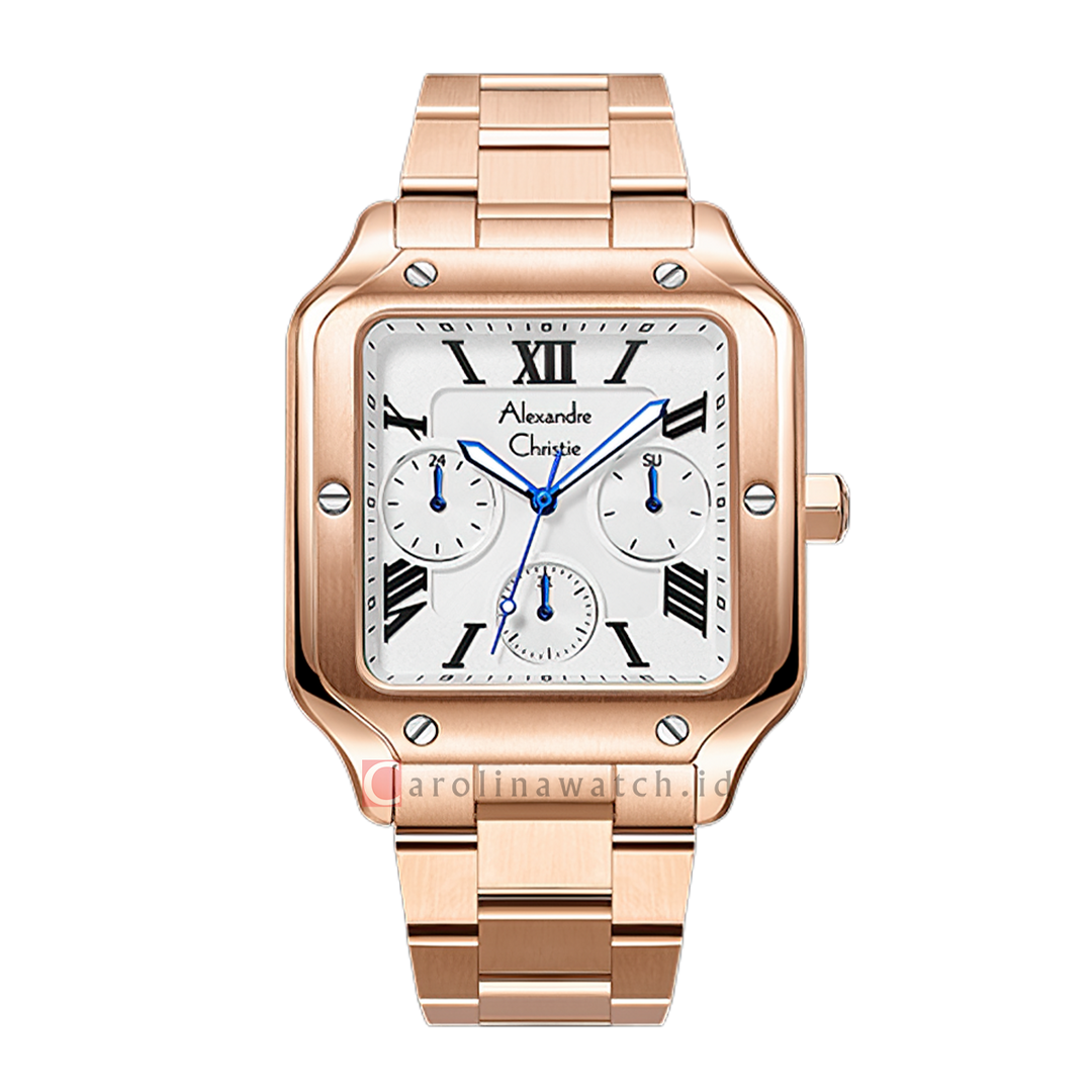 Jam Tangan Alexandre Christie Multifunction AC 2B18 MFBRGSLBA Men Silver White Dial Rose Gold Stainless Steel Strap