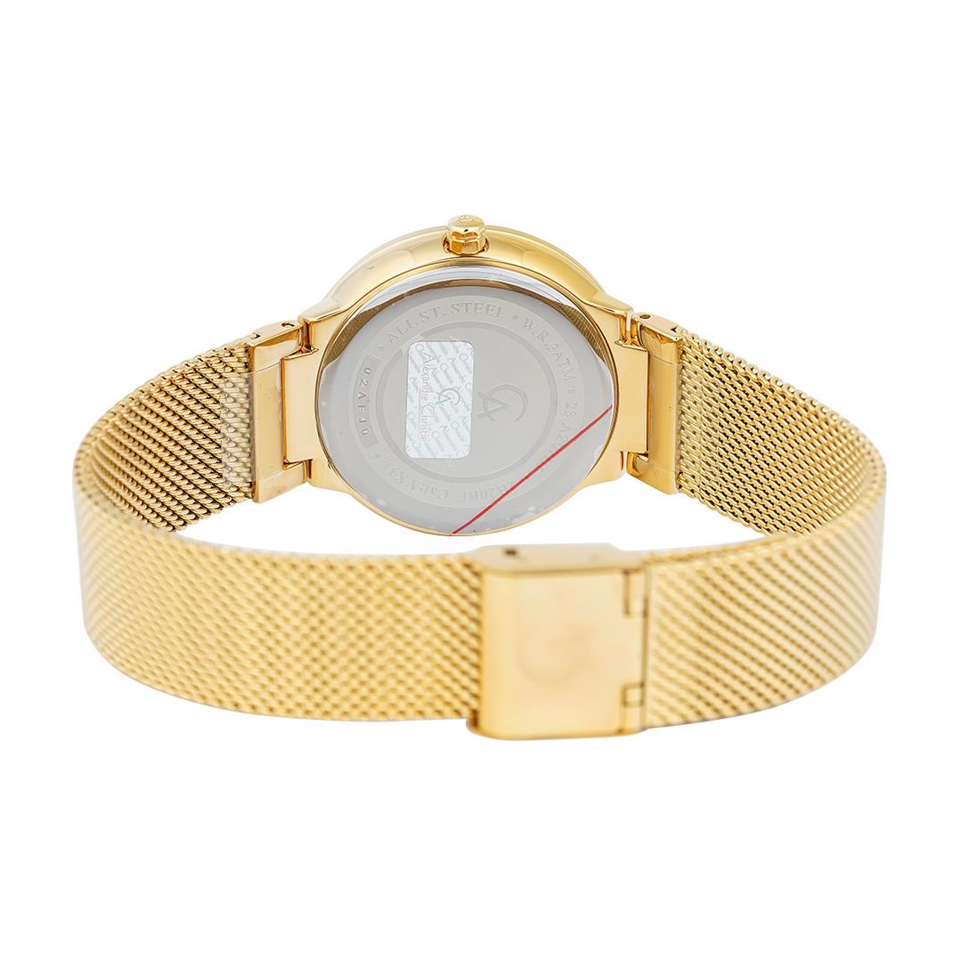 Jam Tangan Alexandre Christie AC 2B20 BFBGPIV Women Gold Dial Gold Mesh Stainless Steel Strap