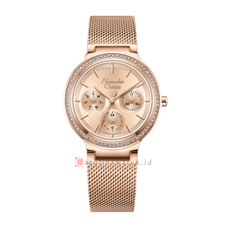 Jam Tangan Alexandre Christie AC 2B20 BFBRGLN Women Rose Gold Dial Rose Gold Mesh Stainless Steel Strap