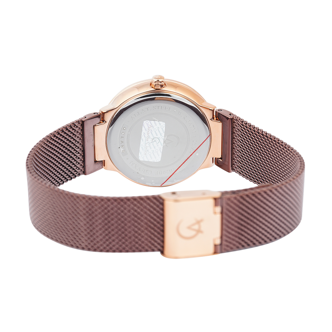 Jam Tangan Alexandre Christie AC 2B20 BFBRODR Women Red Dial Brown Mesh Stainless Steel Strap