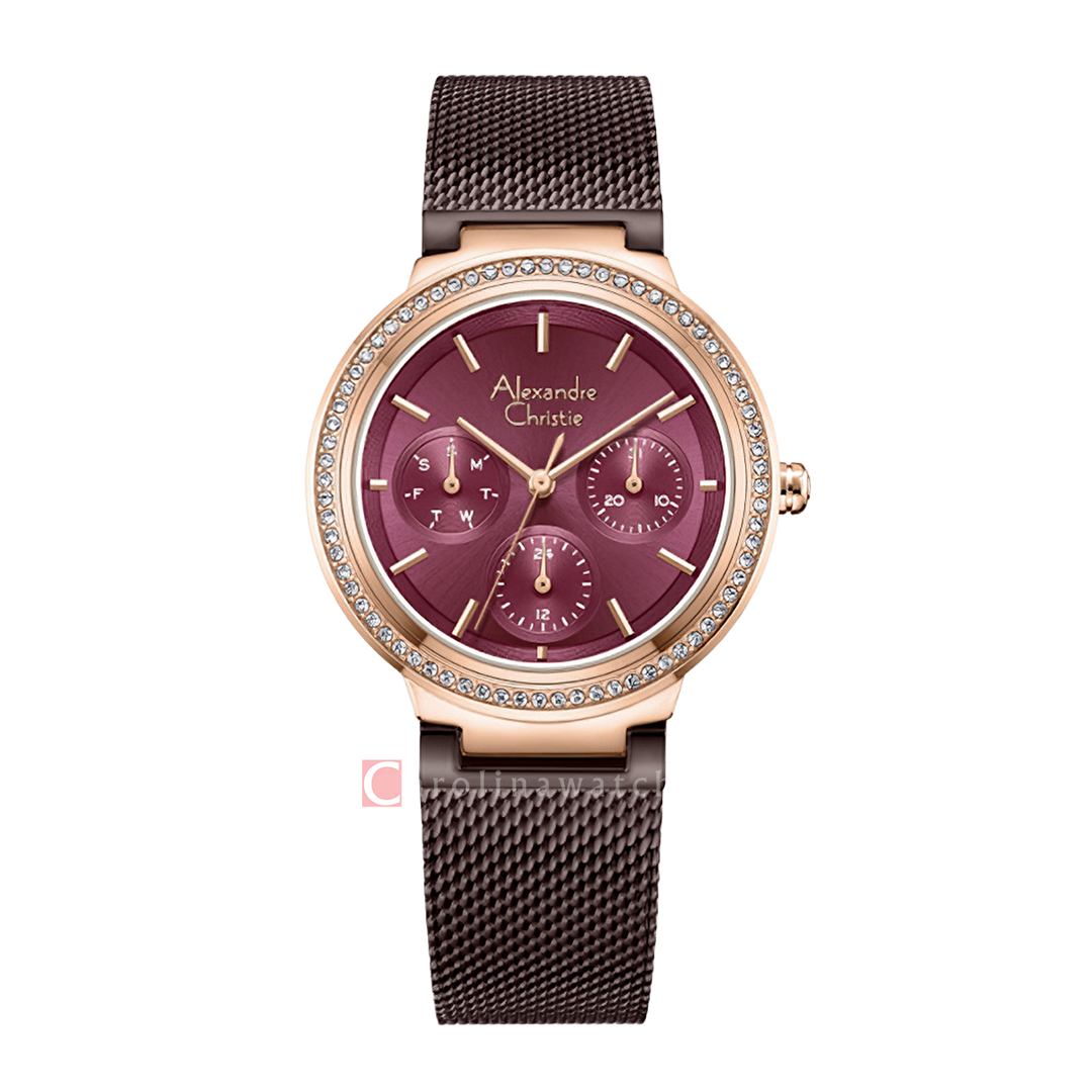Jam Tangan Alexandre Christie AC 2B20 BFBRODR Women Red Dial Brown Mesh Stainless Steel Strap
