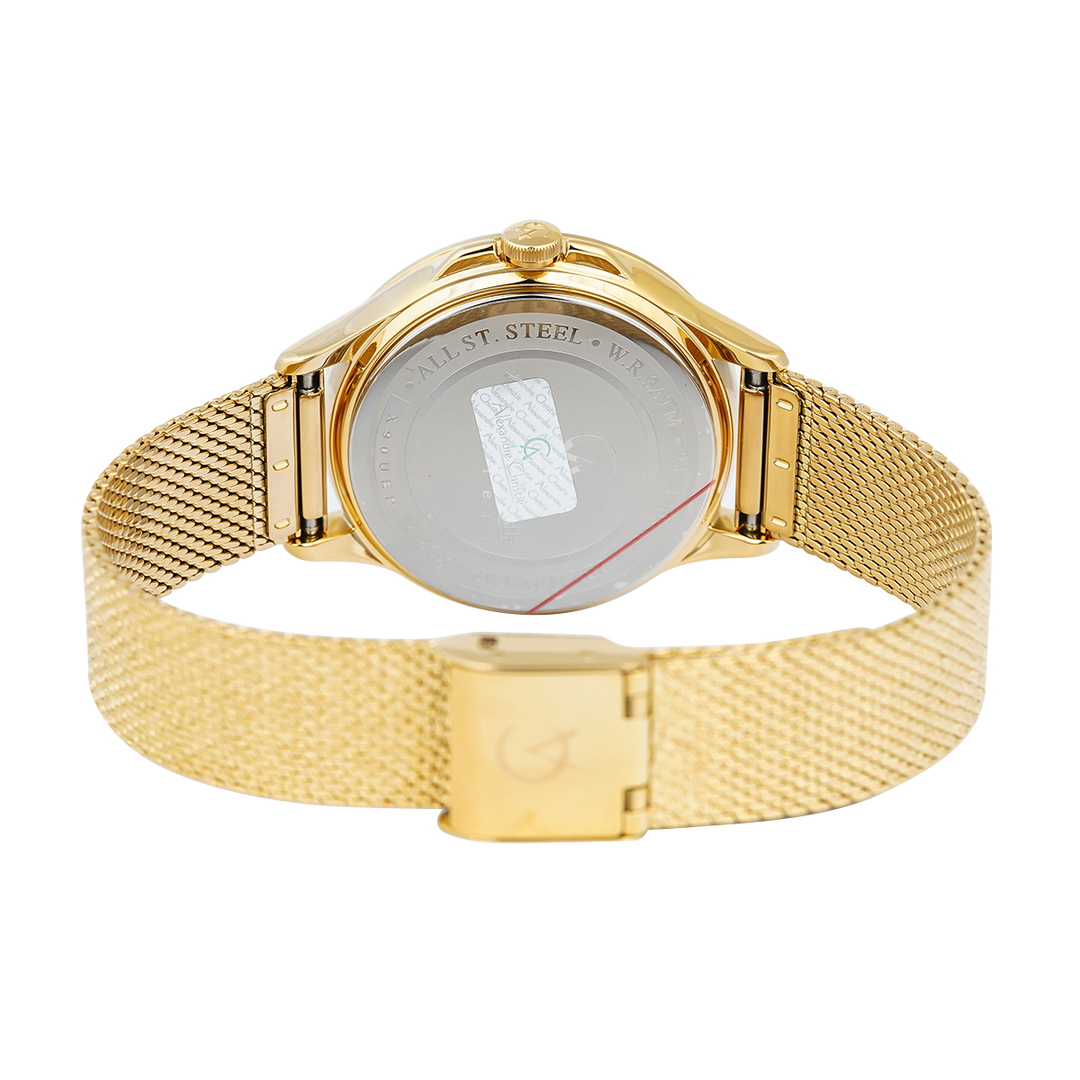 Jam Tangan Alexandre Christie AC 2B21 LDBGPIV Women Gold Dial Gold Mesh Stainless Steel Strap