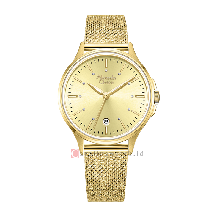 Jam Tangan Alexandre Christie AC 2B21 LDBGPIV Women Gold Dial Gold Mesh Stainless Steel Strap