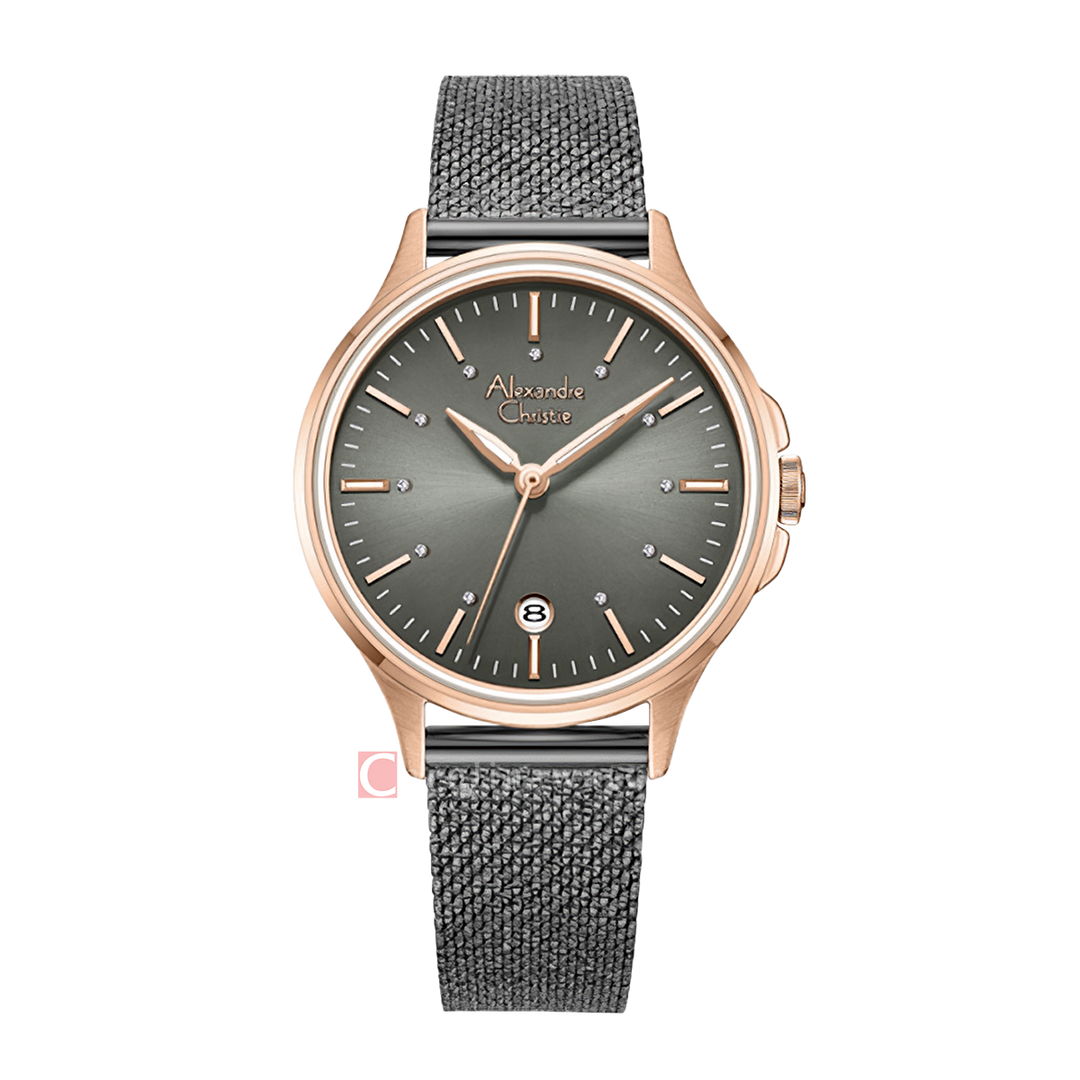 Jam Tangan Alexandre Christie AC 2B21 LDBGRGR Women Grey Dial Grey Mesh Stainless Steel Strap