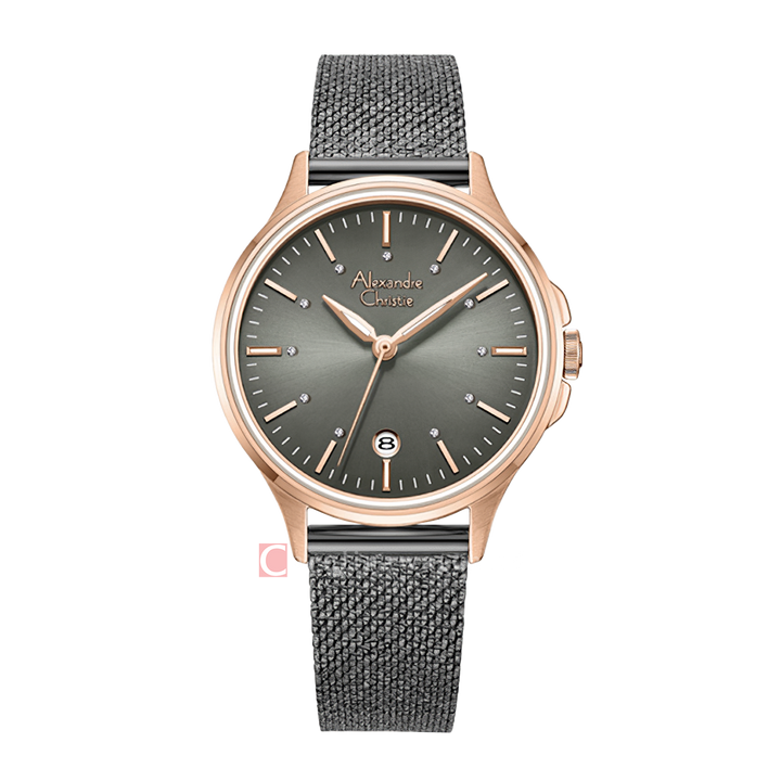 Jam Tangan Alexandre Christie AC 2B21 LDBGRGR Women Grey Dial Grey Mesh Stainless Steel Strap