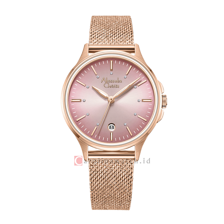 Jam Tangan Alexandre Christie AC 2B21 LDBRGPN Women Pink Dial Rose Gold Mesh Stainless Steel Strap