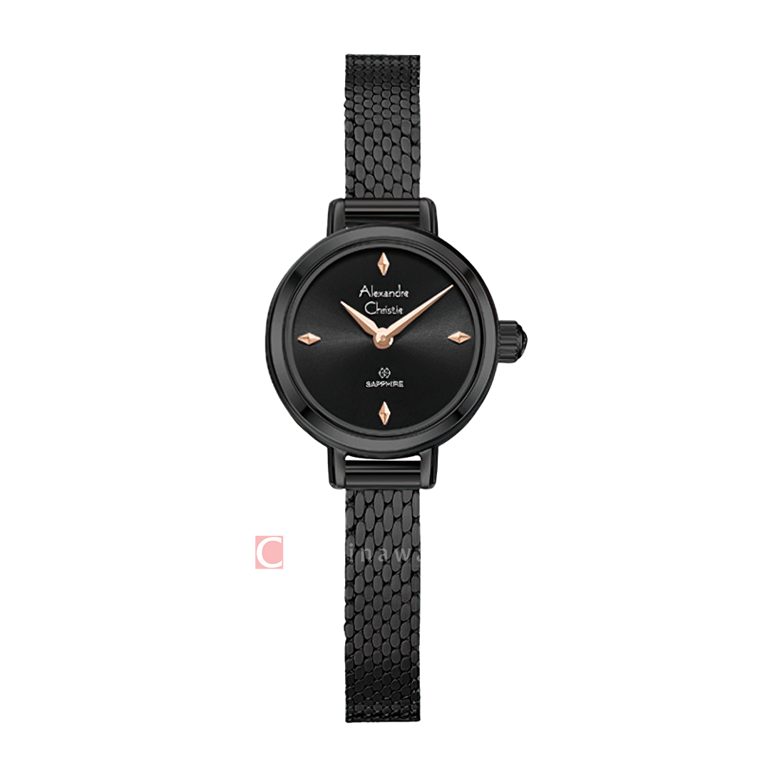 Jam Tangan Alexandre Christie AC 2B35 LHBIPBARG Women Black Dial Black Mesh Stainless Steel Strap