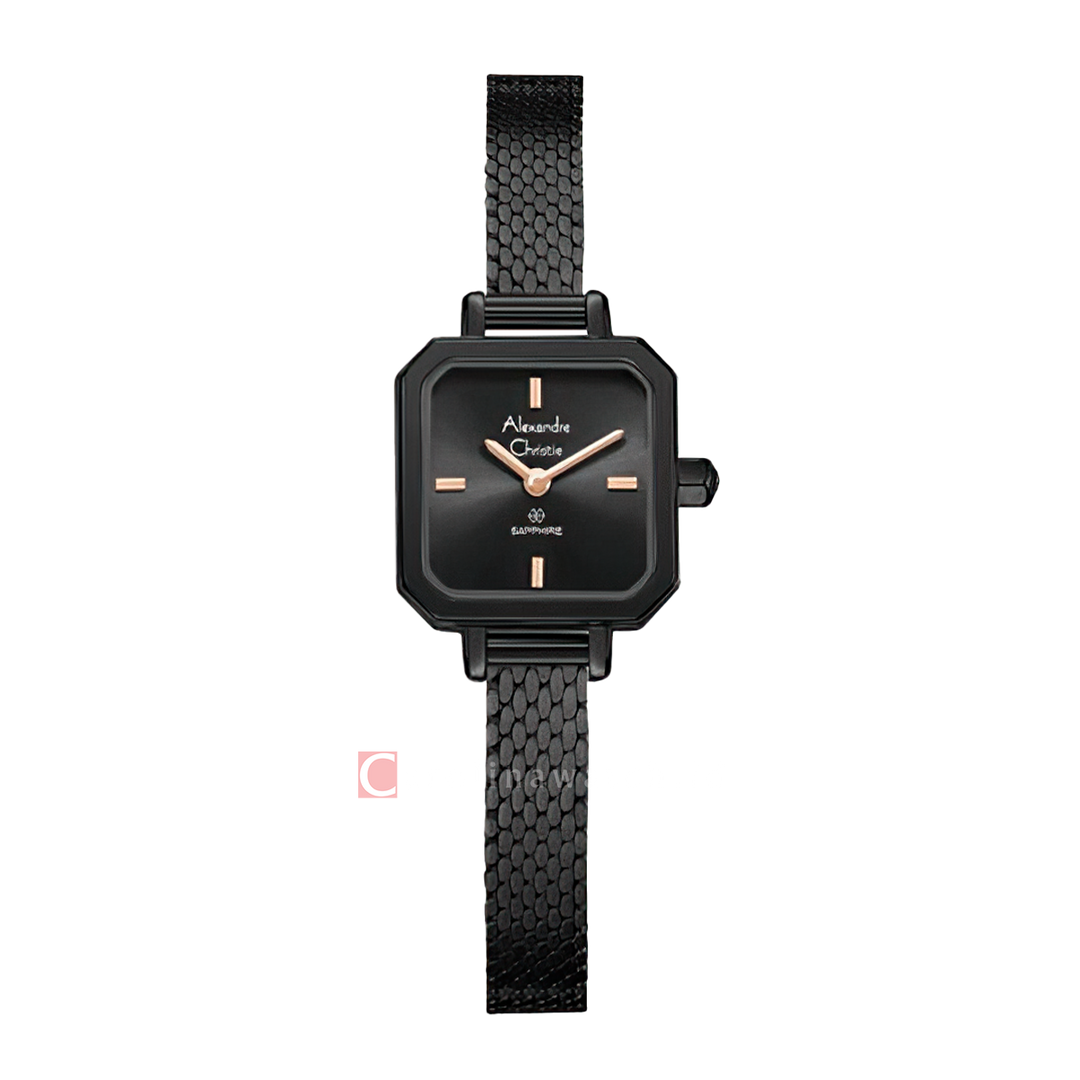 Jam Tangan Alexandre Christie AC 2B36 LHBIPBARG Women Black Dial Black Mesh Stainless Steel Strap